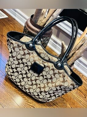 Coach Brown and Beige Signature Tote with Black Trim
